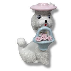 Vintage Spaghetti Poodle Dog Figurine Pink Hat & Flower Basket Mid-Century 1950s